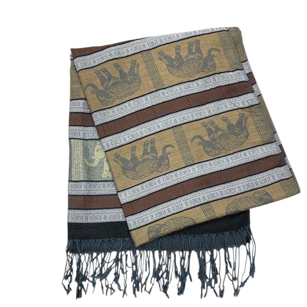 PASHMINA Woman’s Elephant Stripe Scarf in Gold, Brown & Black 100 % Cashmere